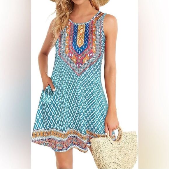 Elescat Boho Sleeveless Tshirt Dress with Pockets Blue Multi Size M - Picture 2 of 4